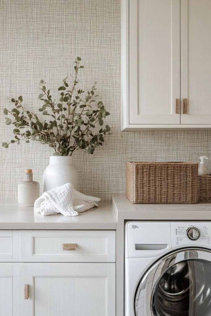 Modern laundry room with wicker basket, white cabinets, and a washing machine, featuring a vase with greenery.
