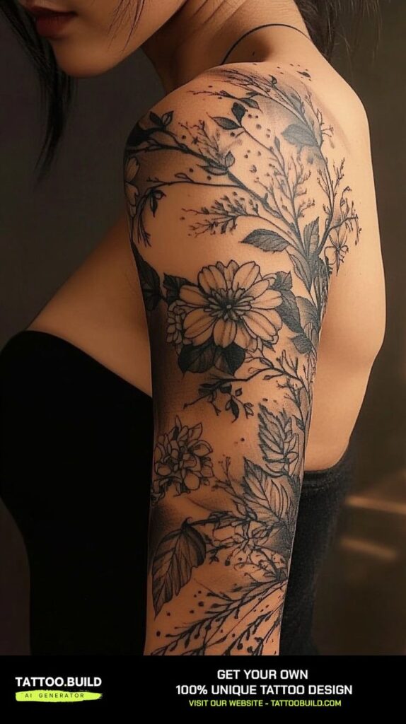 Floral tattoo sleeve on woman's arm, featuring intricate black ink botanical designs.