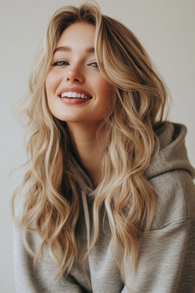 Smiling woman with long blonde hair wearing a gray hoodie, exuding happiness and casual style.