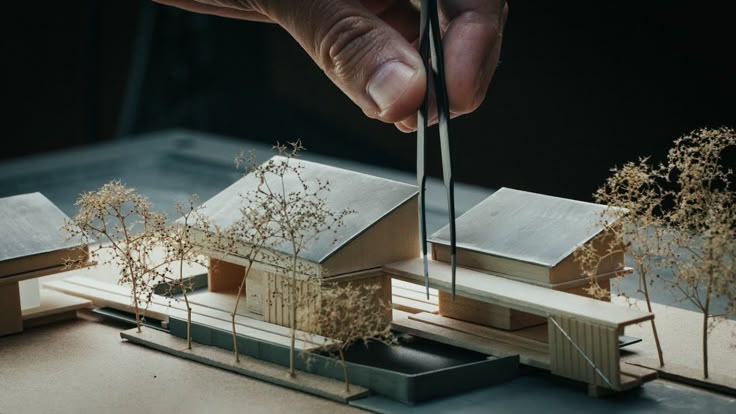 Architect's hand adjusting a miniature building model with tweezers, showcasing detailed landscape and design elements.