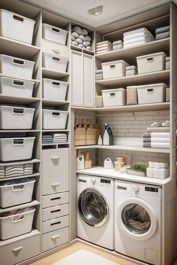 Organized laundry room with washer, dryer, shelves, storage baskets, and folded towels for efficient home space.