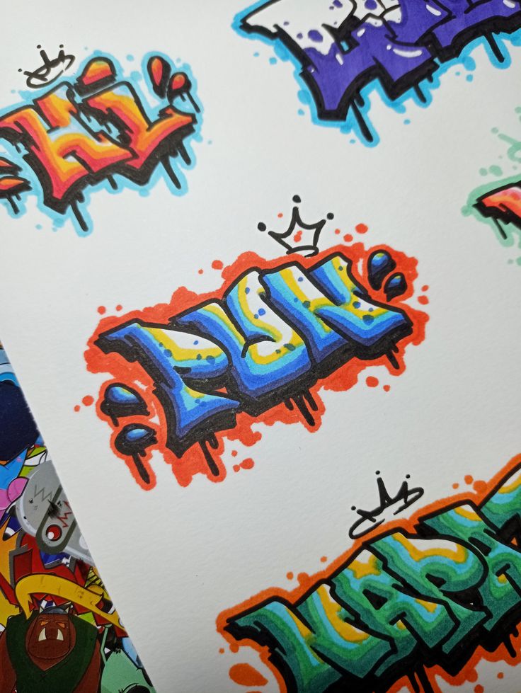 Colorful graffiti art with words painted in vibrant shades of blue, orange, and yellow, featuring a crown design.