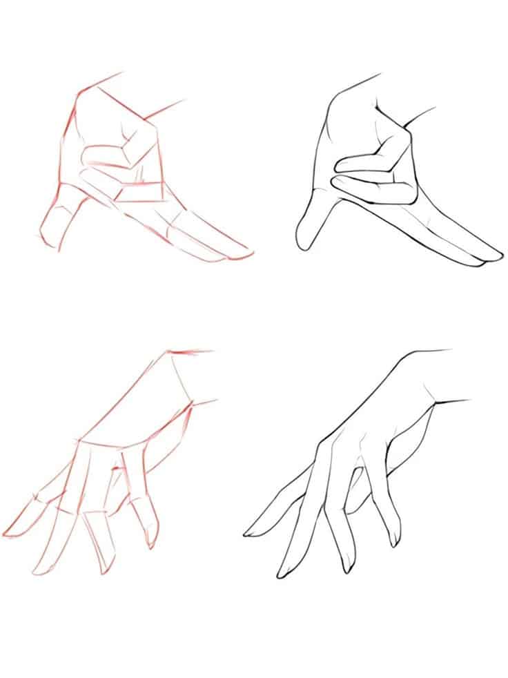Illustration of hand drawing steps, showing progression from sketch to refined outline in two different poses.