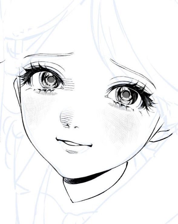 Black and white manga drawing of a smiling character with large expressive eyes.