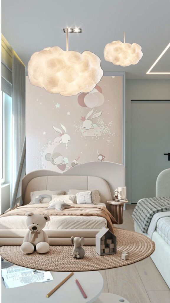 Cozy children's bedroom with cloud lamps, gentle mural, plush toys, and neutral bedding for a soothing atmosphere.