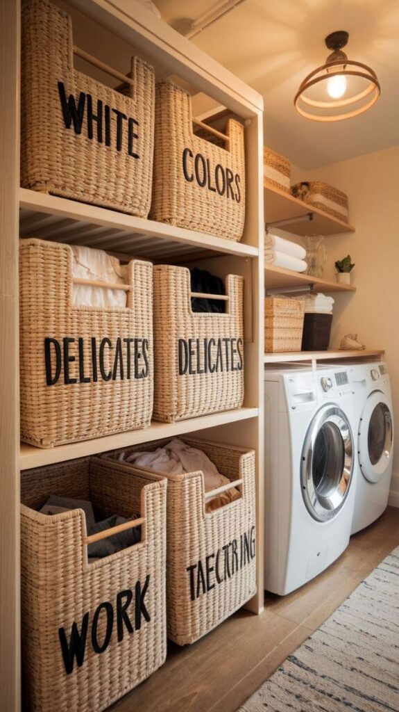 Organized laundry room with labeled wicker baskets for sorting clothes and a modern washer-dryer set.