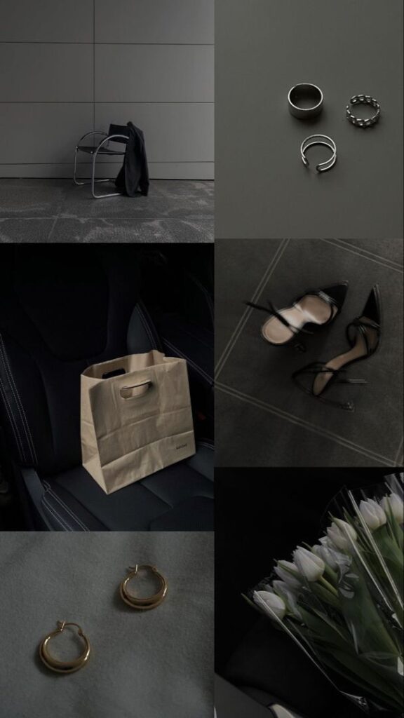 Collage of elegant black chair, jewelry, heels, paper bag in car, gold hoop earrings, and tulips bouquet.