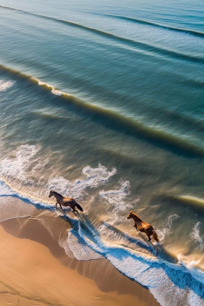 Horses running along the shoreline with waves crashing, creating a stunning coastal scene from above.
