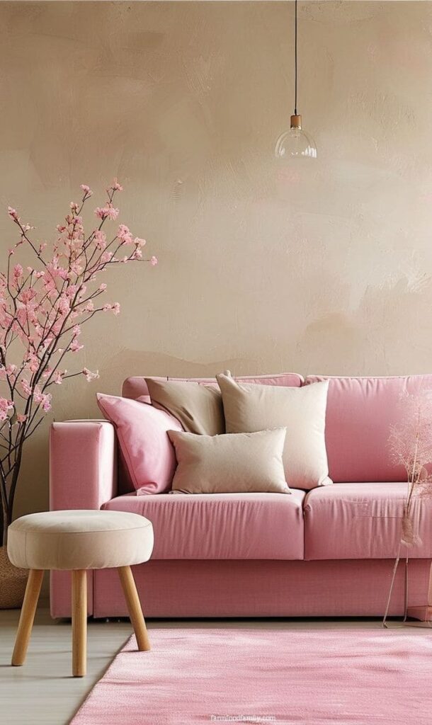 Cozy pink living room with soft sofa, cherry blossoms, and stylish decor. Elegant and serene interior design.