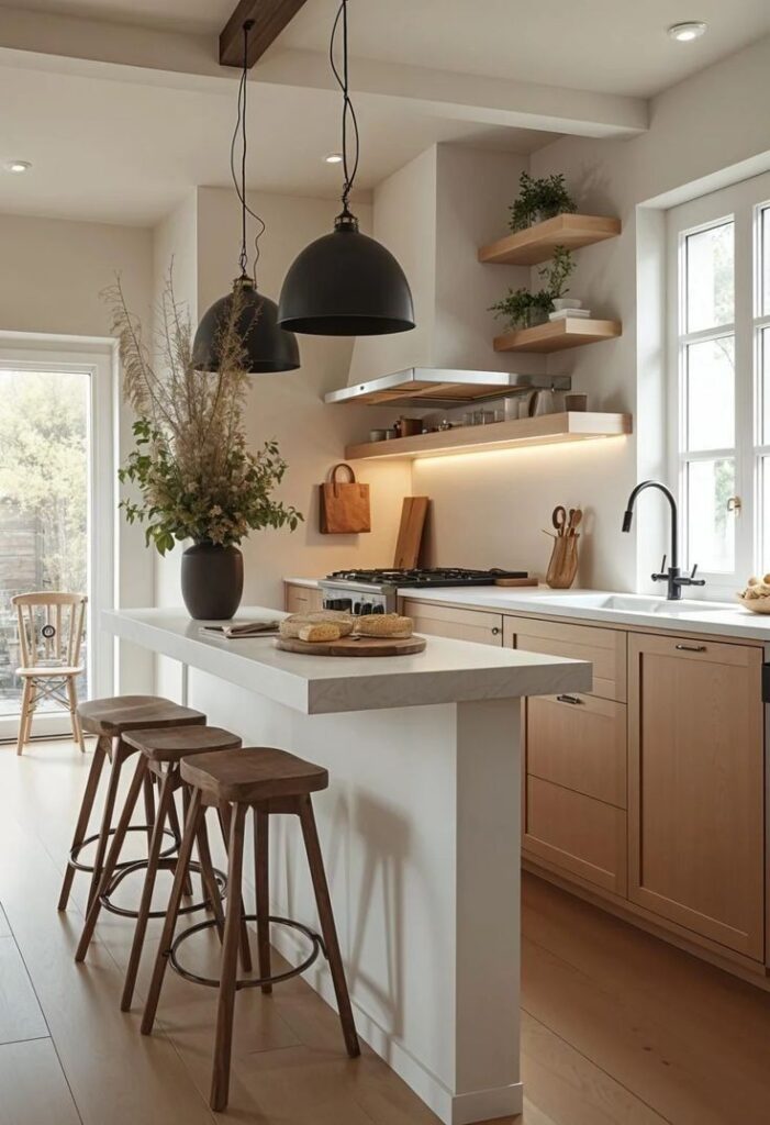 Modern kitchen design with wooden cabinets, island, bar stools, pendant lights, and natural decor elements.