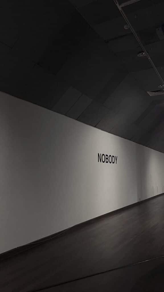 Dimly lit room with a slanted ceiling and NOBODY written on a white wall, evoking solitude or introspection.