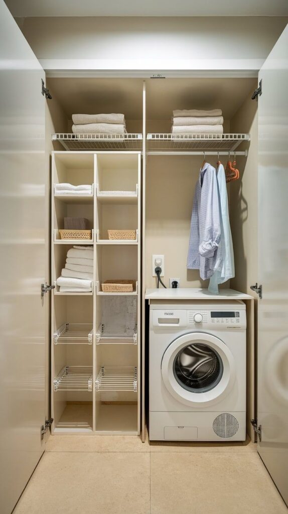 Laundry room with organized shelves, folded towels, and a washing machine for efficient storage and cleaning.
