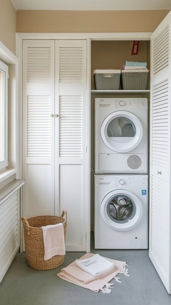 Small laundry room with stacked washer and dryer, wicker basket, and folded towels on floor. Laundry Room Design