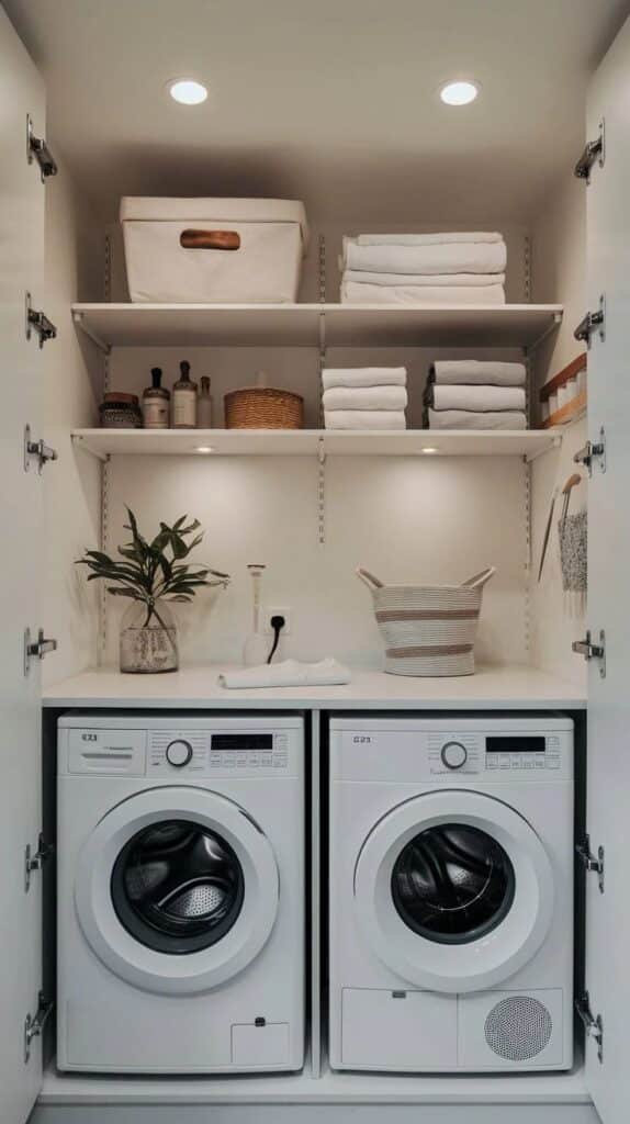 Modern laundry setup with stacked towels, baskets, and washing machines in a neatly organized closet space.
