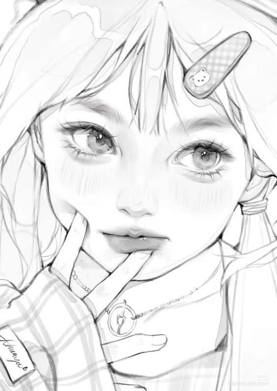 368832c1-5f2d-4af2-8944-84eda0a3544b Sketch of a girl with large eyes, wearing a hair clip and checkered gloves, striking a thoughtful pose. | Sky Rye Design Sketch of a girl with large eyes, wearing a hair clip and checkered gloves, striking a thoughtful pose.