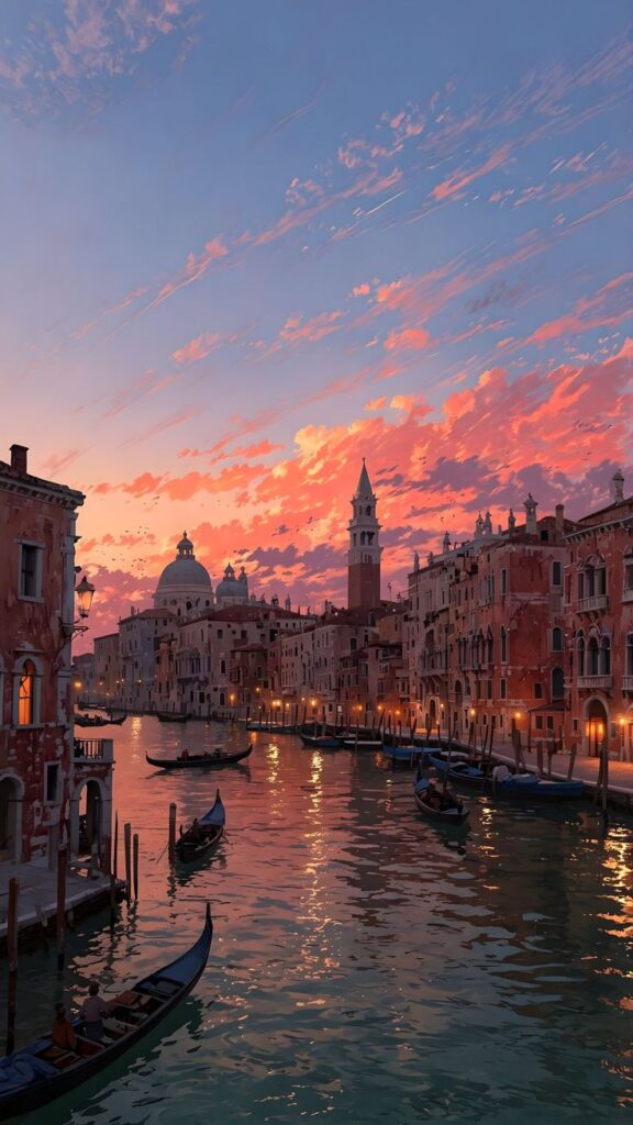 Venice canal at sunset with colorful sky, gondolas, and historic buildings reflecting in the water.