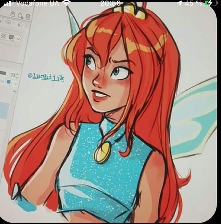 Colorful illustration of a red-haired cartoon fairy with blue wings wearing a sparkly top, showing a curious expression.