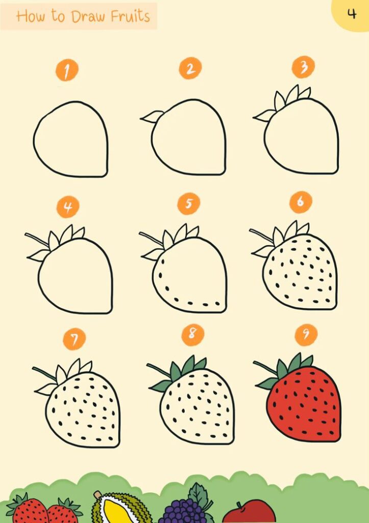 Step-by-step guide for drawing a strawberry, from outline to color, with simple instructions.
