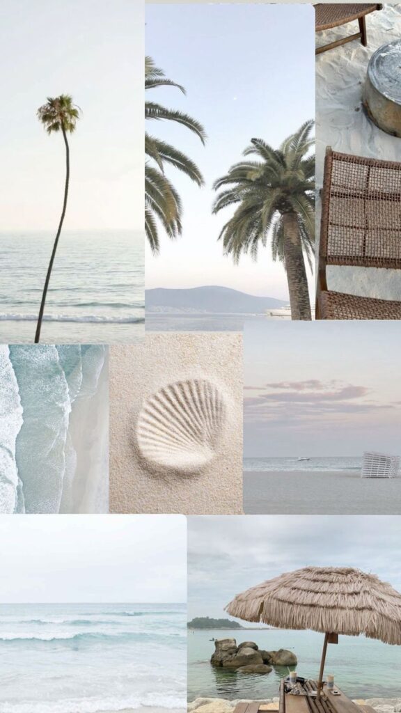 Tropical beach collage with palm trees, ocean waves, sandy shore, and a thatched umbrella evokes a serene seaside escape.