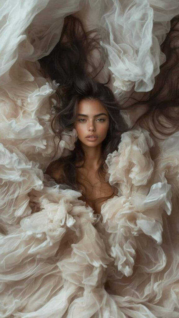 _ 38 Woman in soft, sheer fabric creating an ethereal and dreamy atmosphere, surrounded by flowing, delicate layers. | Sky Rye Design Woman in soft, sheer fabric creating an ethereal and dreamy atmosphere, surrounded by flowing, delicate layers.