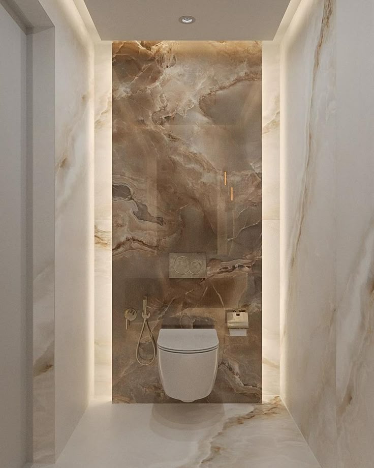 Luxurious bathroom with wall-mounted toilet and elegant marble wall design.