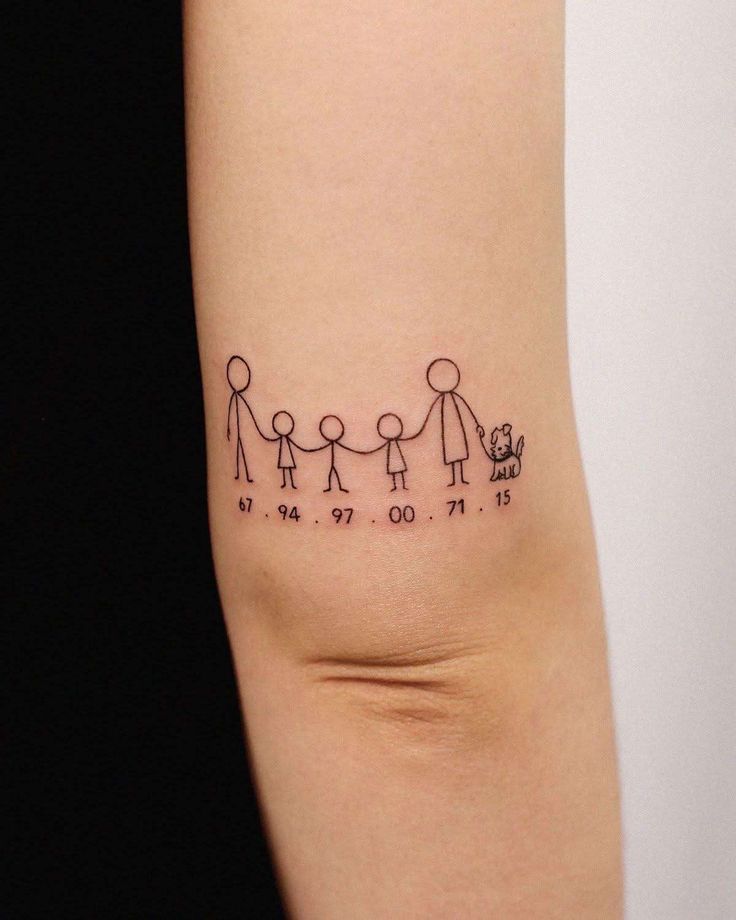 Simple family tattoo with stick figures and a cat, showcasing birth years on an arm. Minimalist design for family love.