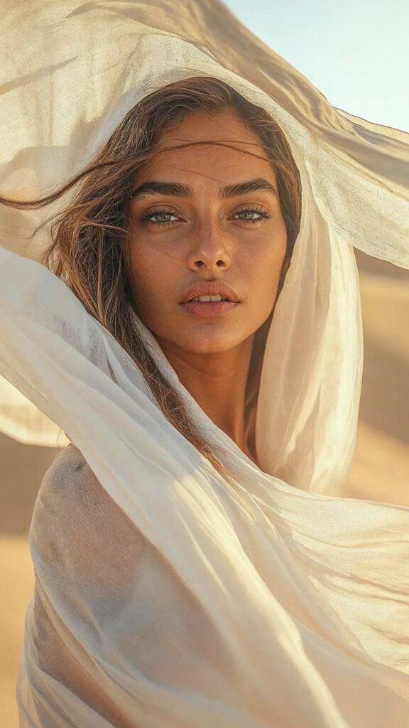 _ 39 Woman in flowing white scarf gazes into camera, surrounded by a serene desert landscape at sunset. | Sky Rye Design Woman in flowing white scarf gazes into camera, surrounded by a serene desert landscape at sunset.