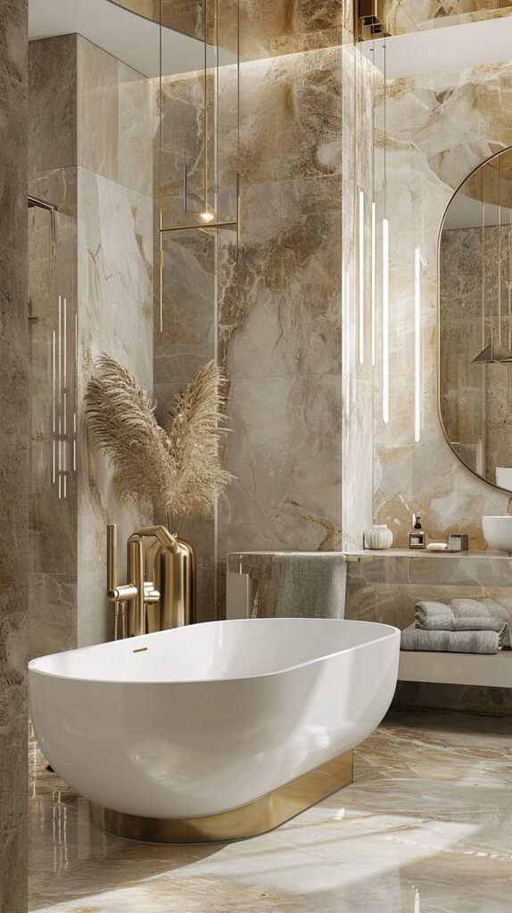 Luxurious modern bathroom with a freestanding tub and gold accents in a marble setting.