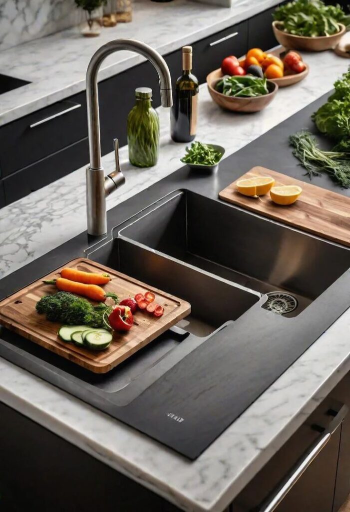 Modern kitchen sink with fresh vegetables, herbs, and fruits on marble countertop, ready for meal prep.