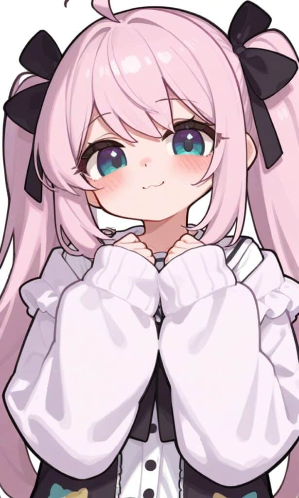 Cute anime girl with pink hair and blue eyes, wearing black bows and a white sweater, looking playful and cheerful.