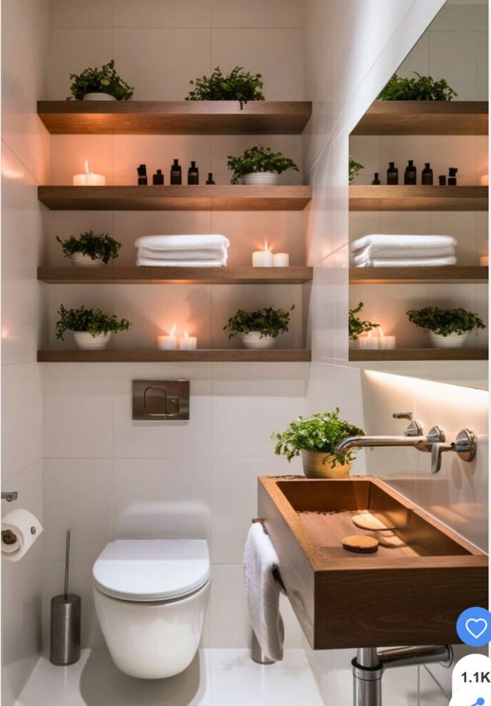 Modern bathroom with wooden shelves, plants, soft lighting, and a stylish wooden sink for a cozy ambiance.