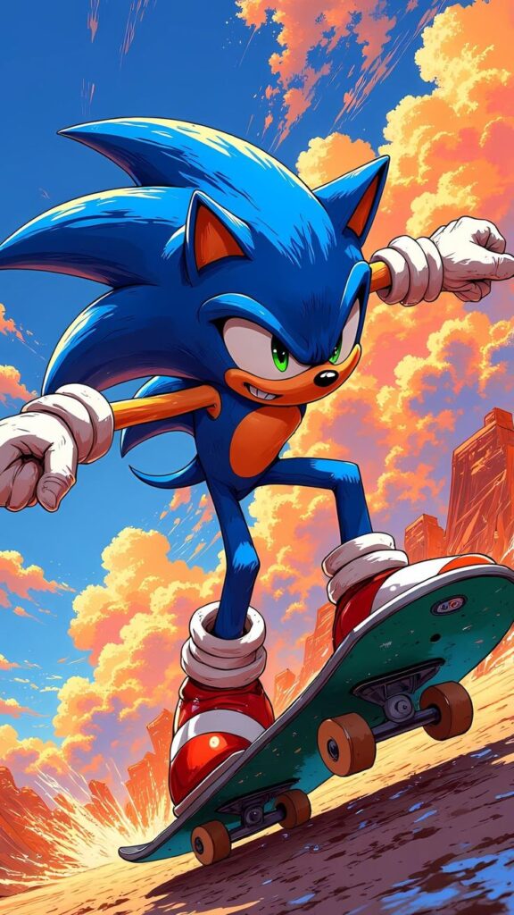 Blue cartoon character skateboarding in a dynamic pose with a vibrant sunset background.