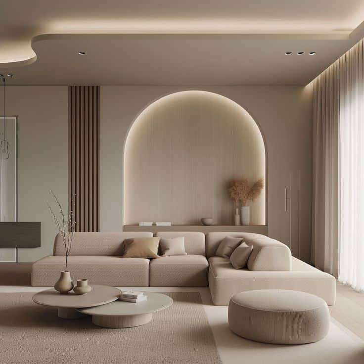 Minimalist beige living room with modern sofa, arch wall art, and round coffee table under soft lighting.