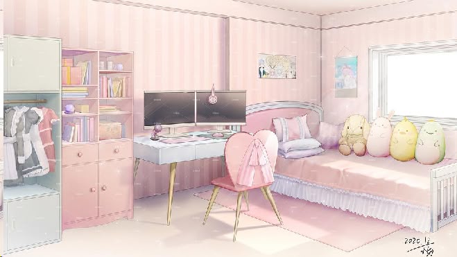 Charming pastel bedroom with dual monitors, heart chair, plush toys, and cozy bed, perfect for a serene workspace.