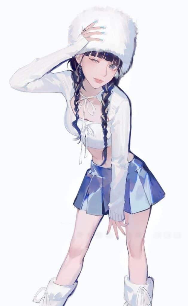 Anime girl with braids in a stylish winter outfit, wearing a fluffy hat, white top, and blue skirt.
