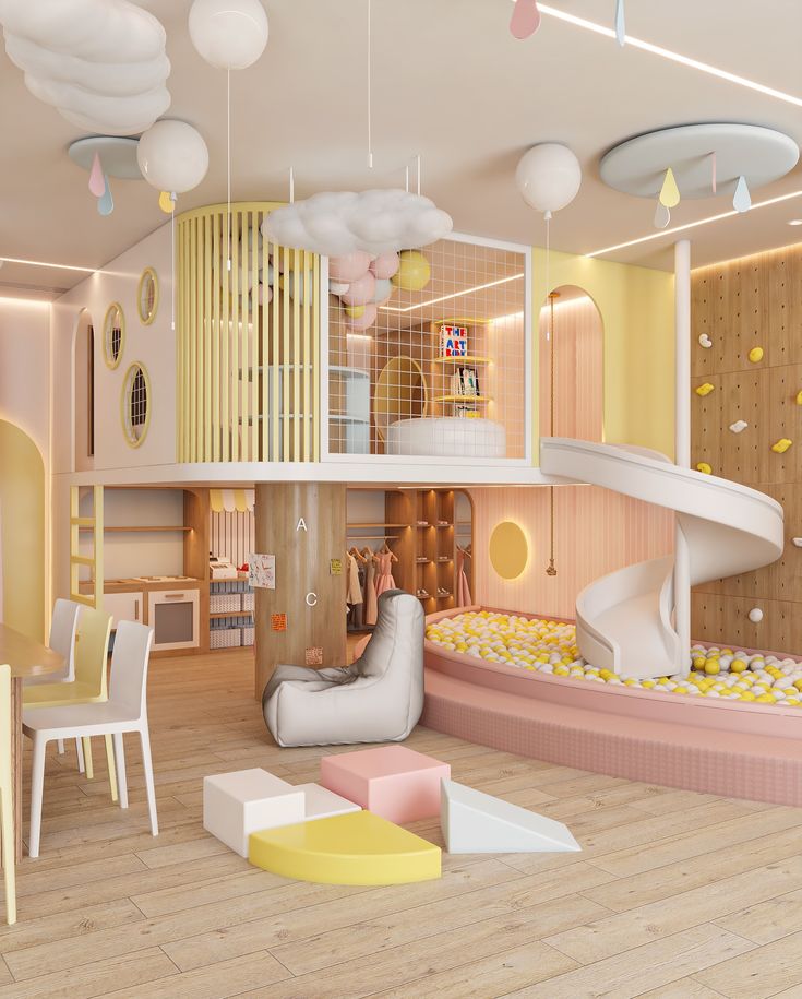 Colorful indoor playground with slide, ball pit, and whimsical cloud decor, ideal for children's fun and creativity.