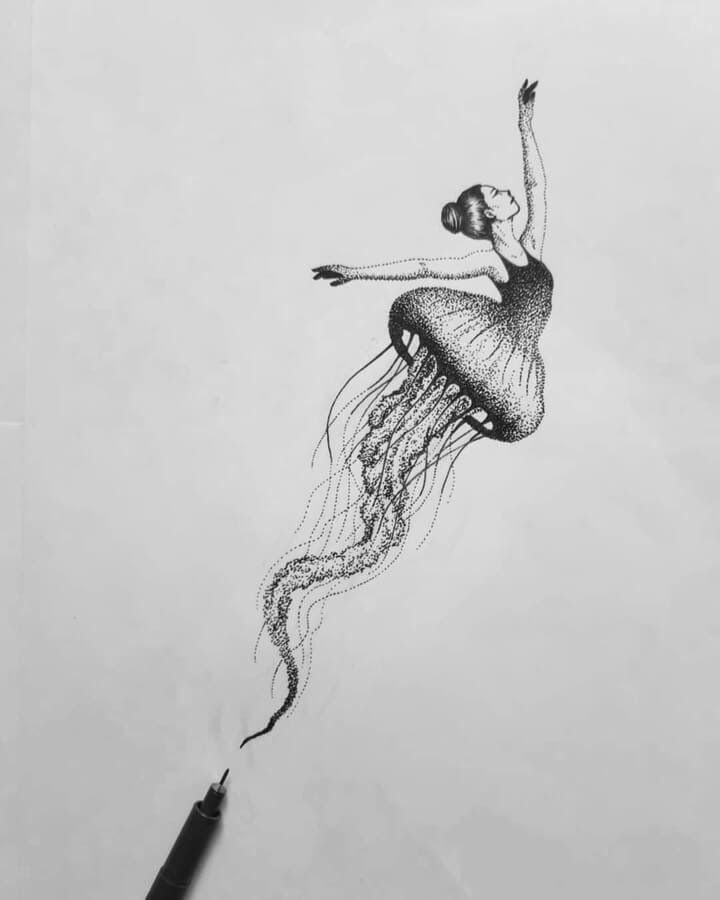 Pen drawing of a woman elegantly merging with a jellyfish, showcasing art blending nature and human form.