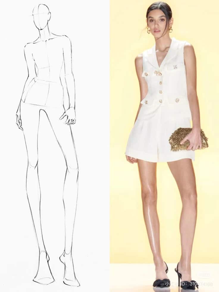 Fashion design illustration and model in white outfit on yellow background.