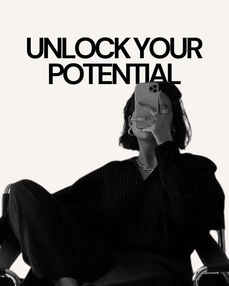 Person sitting with smartphone, text Unlock Your Potential above, promoting self-improvement and empowerment.