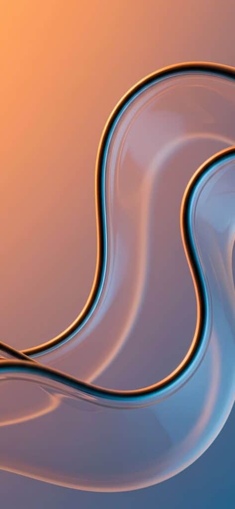 Abstract 3D design with flowing blue and orange wavy shapes on a gradient background.