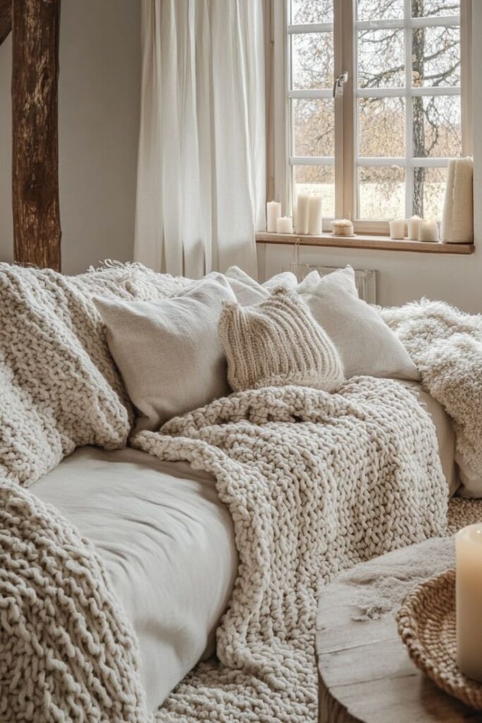 Cozy beige living room with chunky knit blankets and pillows on a sofa near a sunlit window with candles.