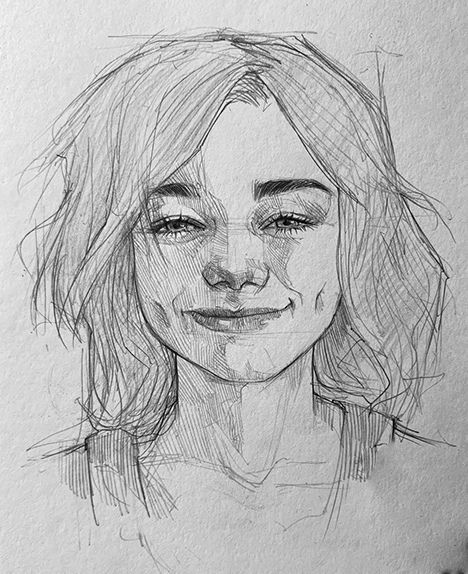 Pencil sketch of a smiling person with wavy hair, realistic portrait art on textured paper background.