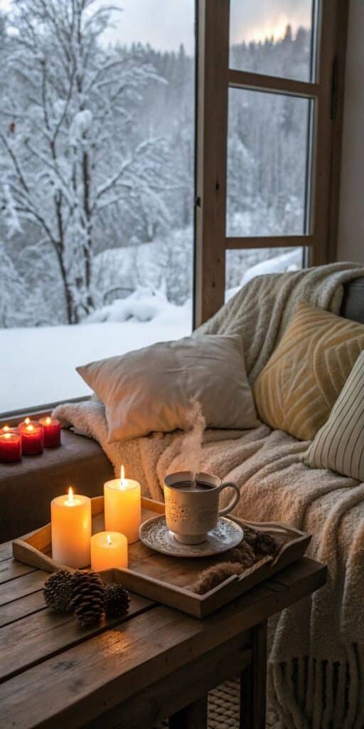 Cozy winter scene with candles, steaming coffee, and snowy view from a window, creating a warm, inviting atmosphere.