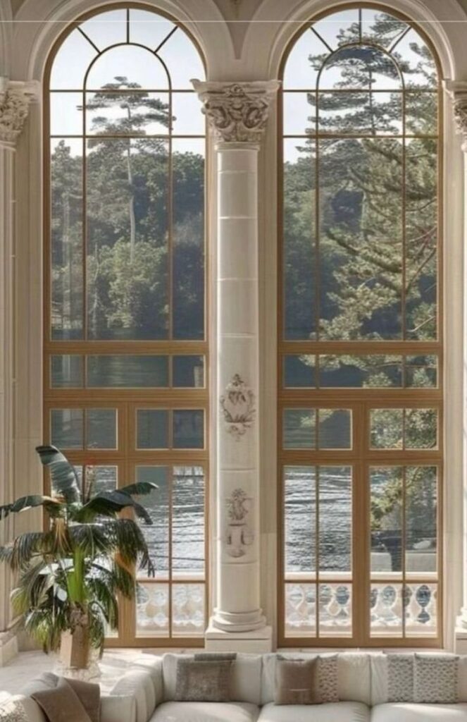 Luxurious living room with large arched windows, elegant columns, and a serene view of trees and water.