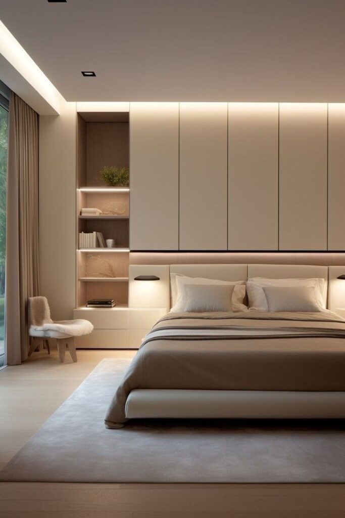 Modern minimalist bedroom with ambient lighting, neutral tones, and elegant built-in shelving.
