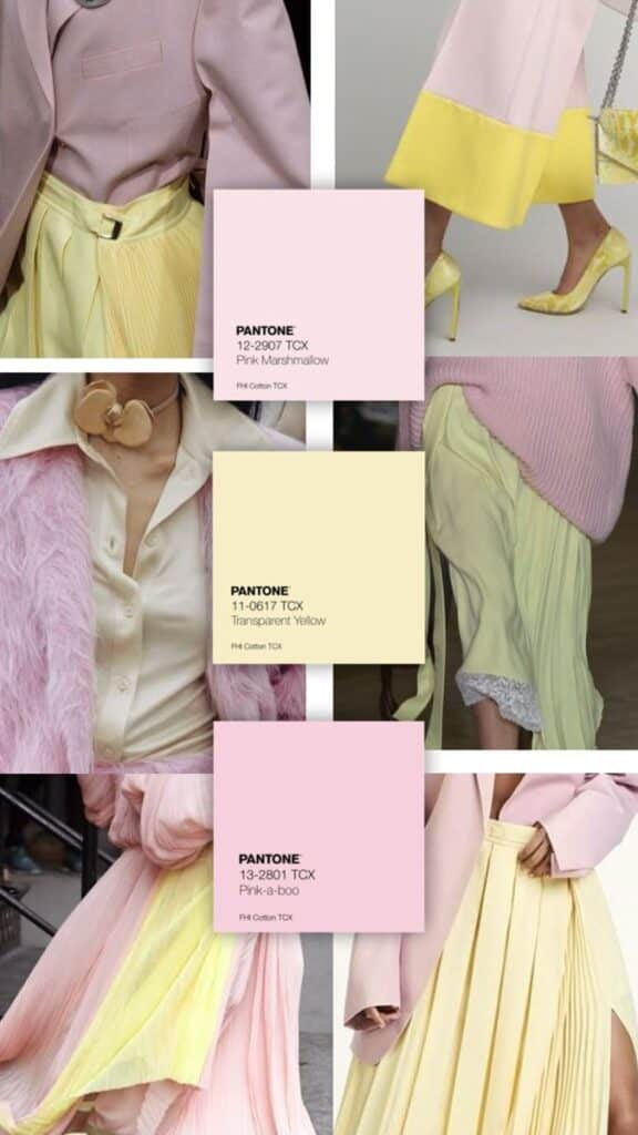 Fashion collage featuring Pantone colors Pink Marshmallow, Transparent Yellow, and Pink-a-boo in chic outfits.