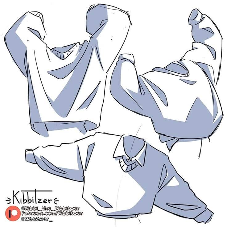 Illustrations of three stylized hoodies in different positions, showcasing dynamic fabric folds and shading.