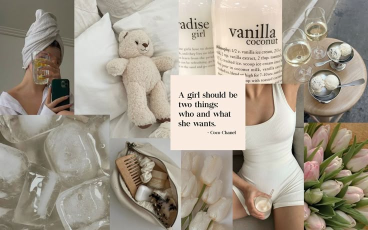 Cozy lifestyle collage with vanilla coconut products, tulips, ice, and Coco Chanel quote about self-identity.