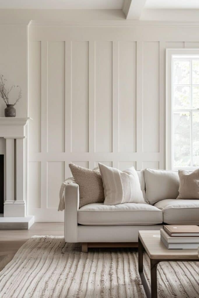 Cozy beige living room with a neutral sofa, textured rug, and soft pillows near a window.