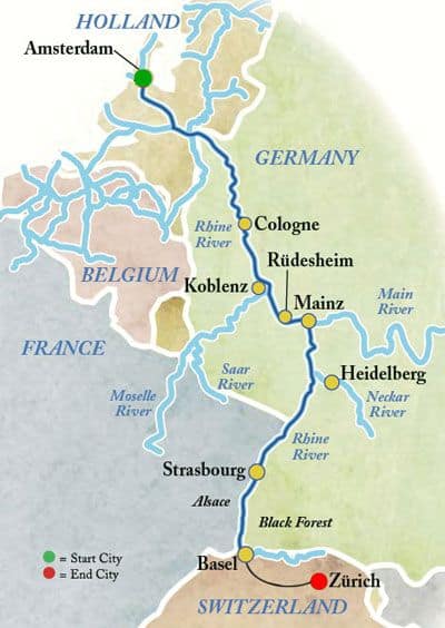 Map of Rhine River cruise route from Amsterdam to Zürich via major cities like Cologne, Strasbourg, and Basel.